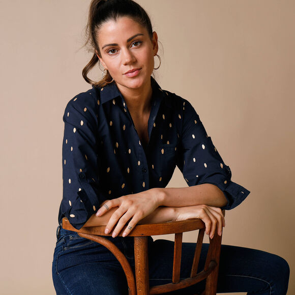 Chemisier boutonné imprimé doré (marine / doré) Chemisier boutonné imprimé doré (marine / doré)